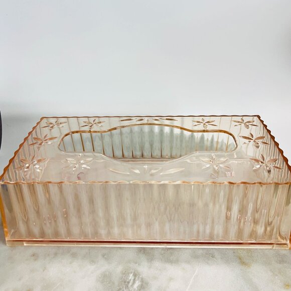 Vtg Pink Peach Lucite Acrylic Tissue Box Floral Etched MCM Wall Hanger Vanity - Picture 3 of 9